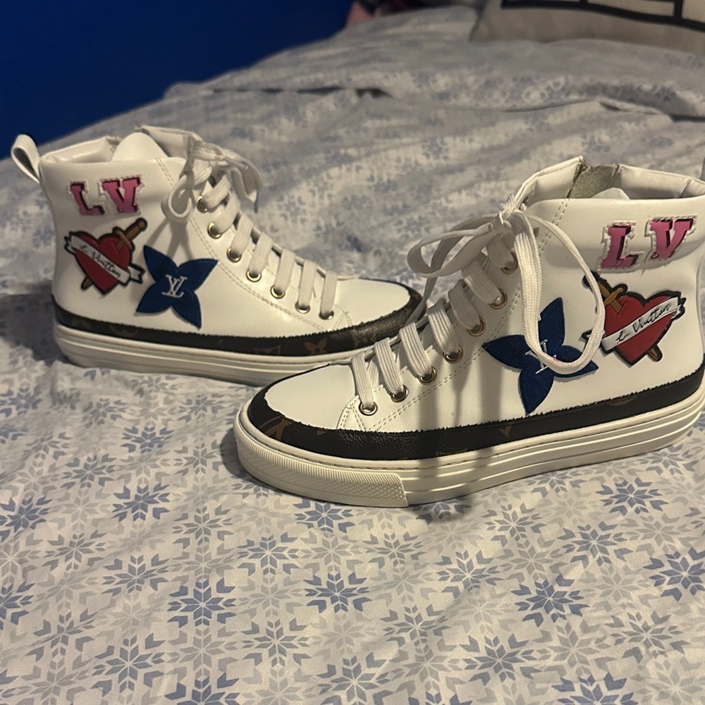 Louis Vuitton White High-Top Sneakers with Blue and Pink Accents
